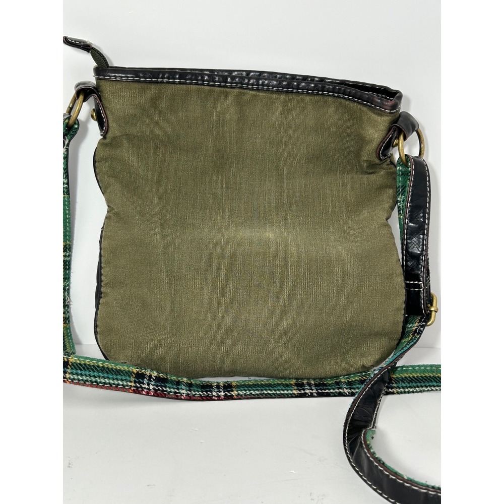 Owl Canvas Plaid Mixed Media Crossbody Bag‎ Olive Green Black Small Messenger - Picture 5 of 7
